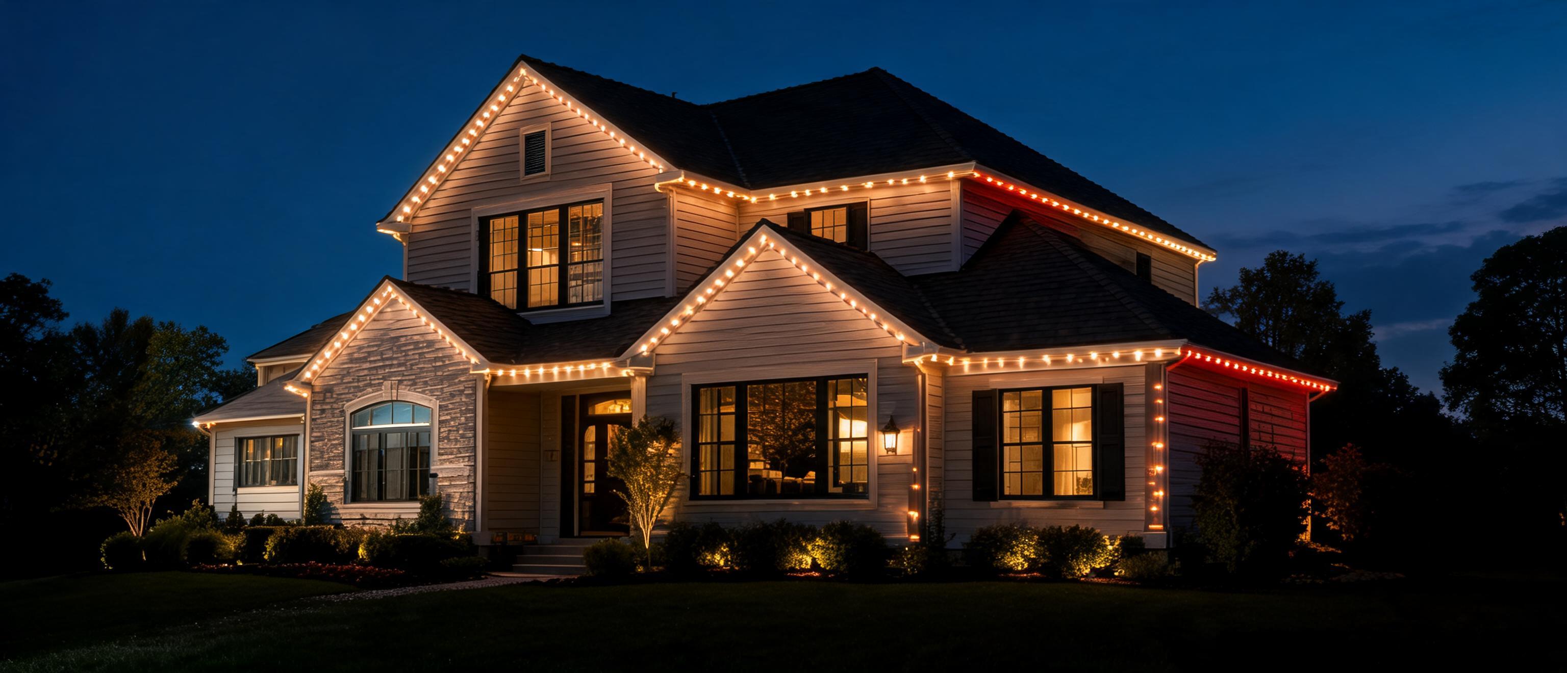House at night with track lighting