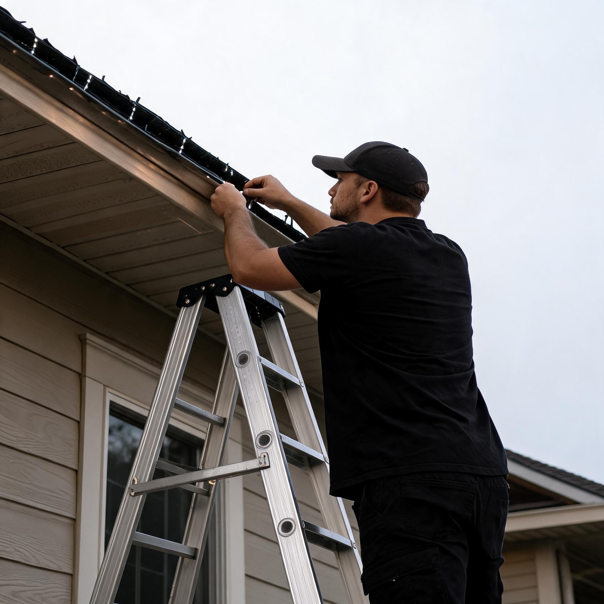Professional installing lights on a ladder